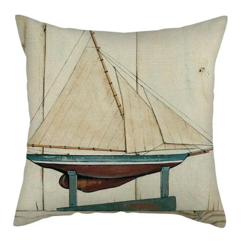 Marine Ship Print Linen Pillow Cover for Home Sofa Decor Axyaa