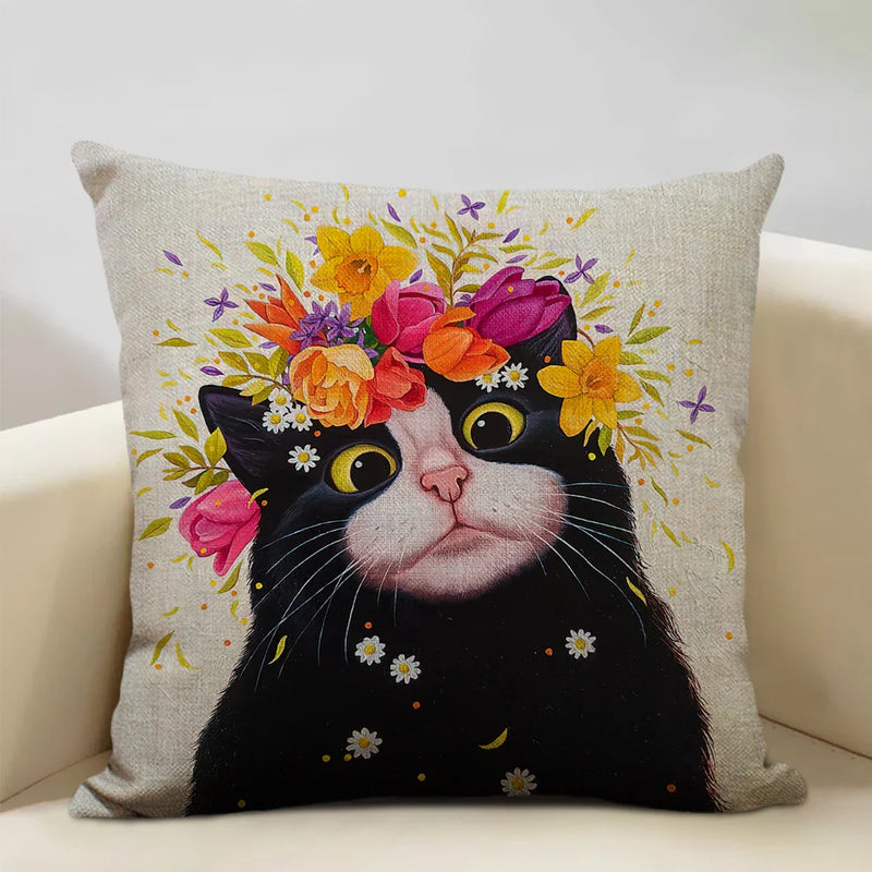 Axyaa Cat and Dog Pattern Cushion Cover 45x45cm Linen Square Pillowcase