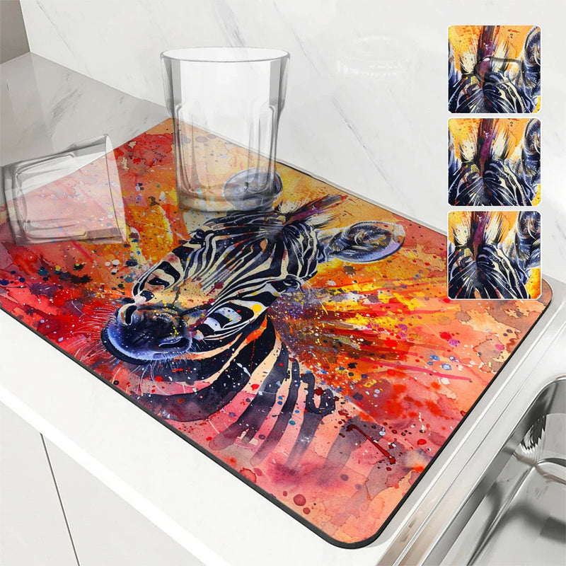 Axyaa Animal Painting Effect Kitchen Drying Mat, Non-Slip Tableware Pad