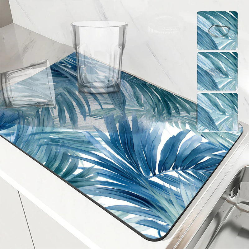 Axyaa Tropical Plants Watercolor Drying Mat: Non-Slip Absorbent Kitchen Counter Mat