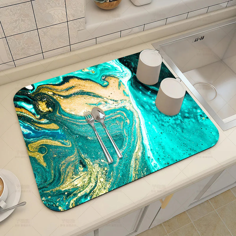 Axyaa Blue-Green Oil Painting Abstract Kitchen Placemat - Non-Slip & Super Absorbent