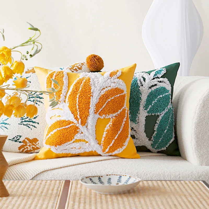 Axyaa Soft Tufted Pompom Leaves Cushion Cover for Sofa Bed, 45x45cm