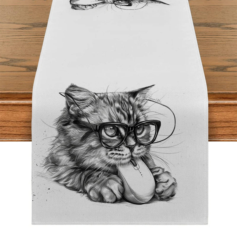 Axyaa Cat Glasses Mouse Pencil Drawing Table Runner