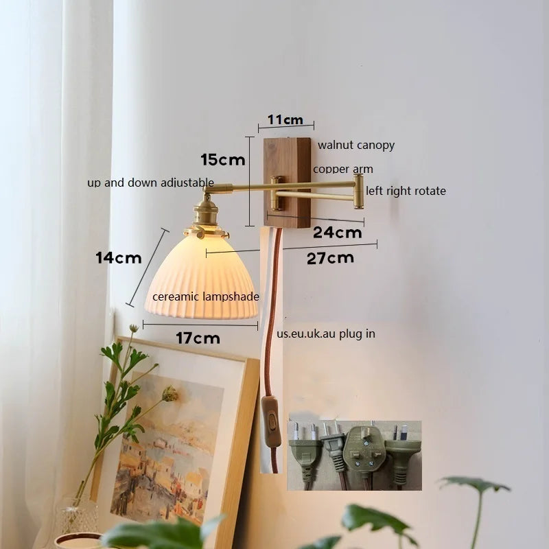 Axyaa Walnut Ceramic LED Wall Lamp with Copper Arm, Rotate, Pull Chain Switch