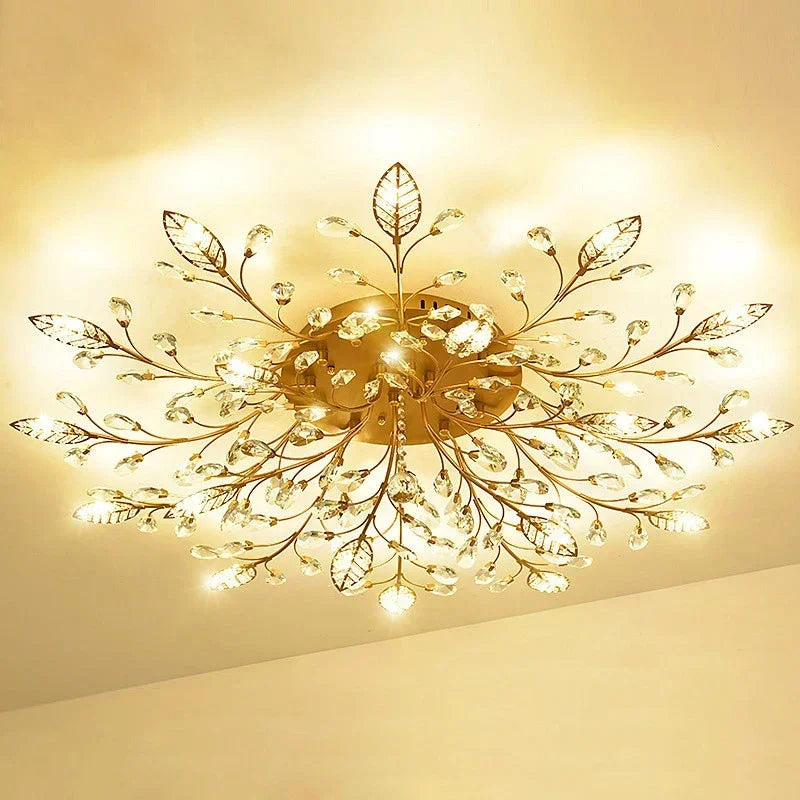 Axyaa Black Gold Leaves Crystal Ceiling LED Lamp for Living Room Bedroom