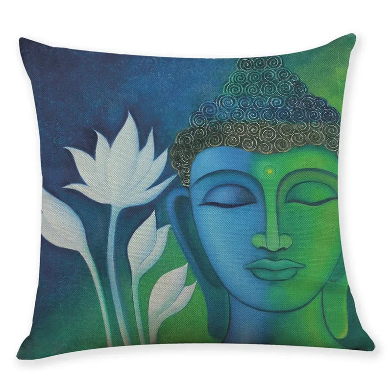 Axyaa Buddha Statue Print Linen Cushion Cover 45X45CM
