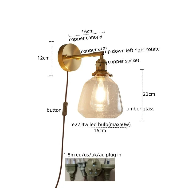 Axyaa Copper Glass Knob Switch LED Wall Light Fixture for Bedroom, Nordic Modern Arandela