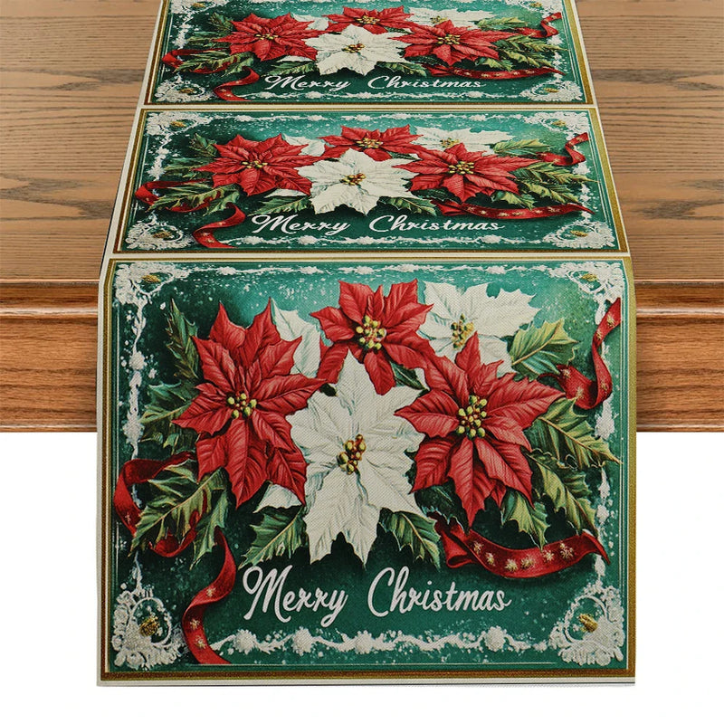 Axyaa Poinsettia Berry Snowflake Table Runner - Festive Home Decor for Dining and Parties