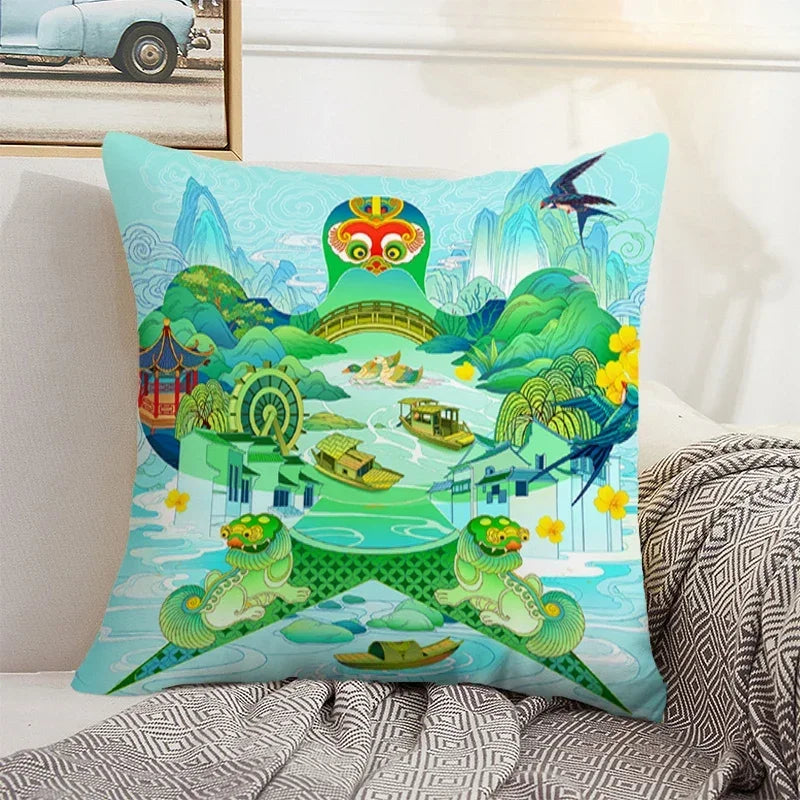 Axyaa Chinese Landscape Pillowcase 40x40 50x50 Cushions Covers Home Decor