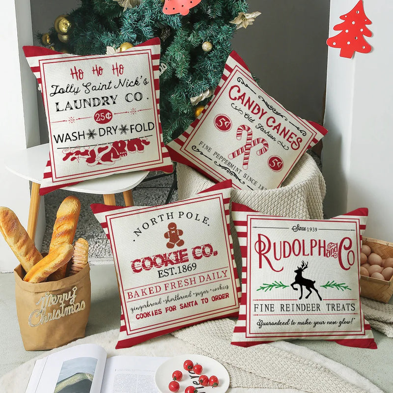 Axyaa Christmas Linen Cushion Cover - Decorative Printed Pillowcases for Bed and Sofa