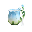 Axya Rose Ceramic Coffee Cup with Spoon - Embossed Cartoon Flower Pattern Mug