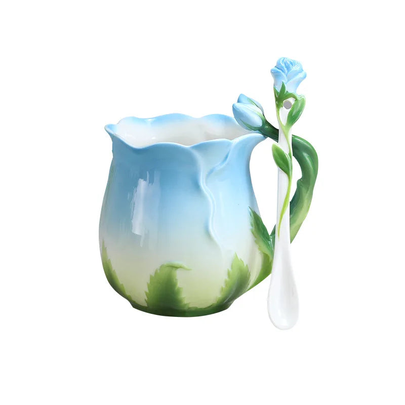 Axya Rose Ceramic Coffee Cup with Spoon - Embossed Cartoon Flower Pattern Mug