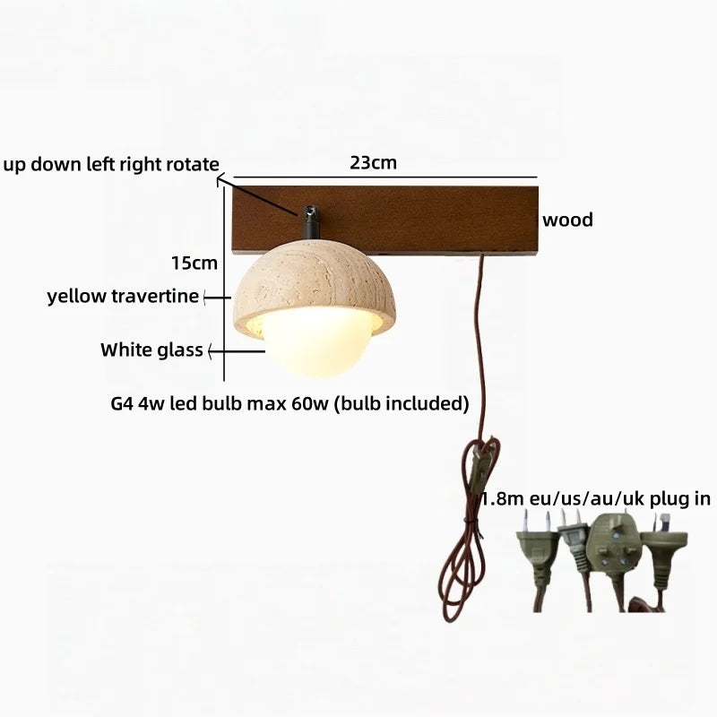 Axyaa White Glass LED Wall Sconce Lamp Yellow Travertine Stone Mirror Light