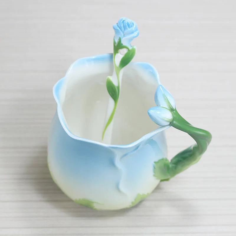 Axya Rose Ceramic Coffee Cup with Spoon - Embossed Cartoon Flower Pattern Mug