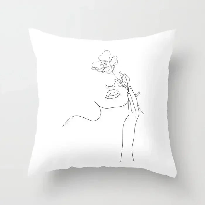 Minimalist White Pillow Cover - Axyaa Portrait Sketch Nordic Cushion