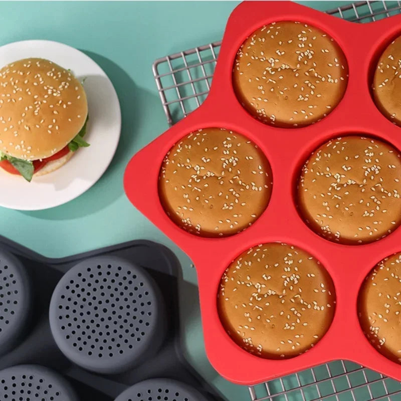 Axyaa 6-Hole Silicone Hamburger Mold for Oven Baking and Bread Making