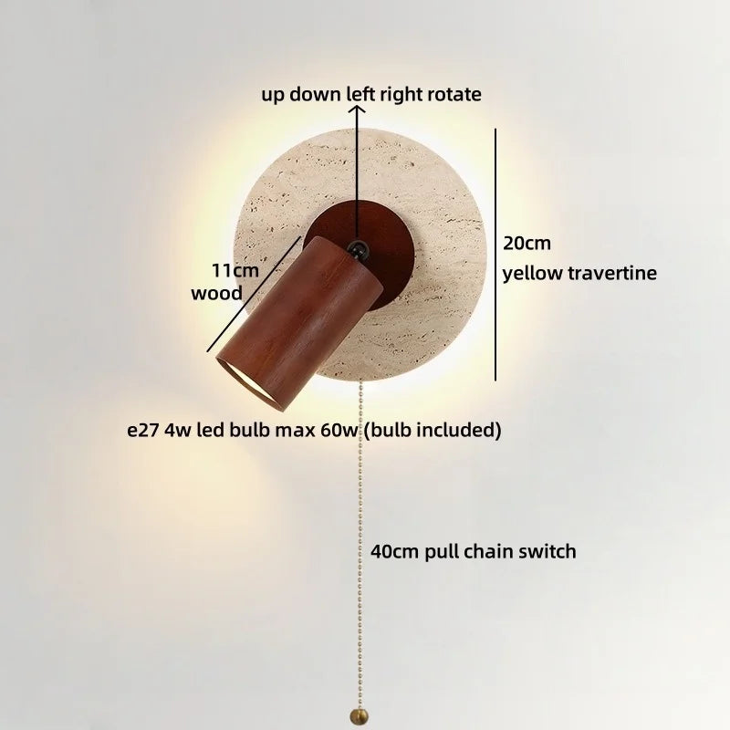 Axyaa Wabi Sabi LED Wall Lamp Yellow Travertine Wood Lampshade, Bathroom Mirror Light