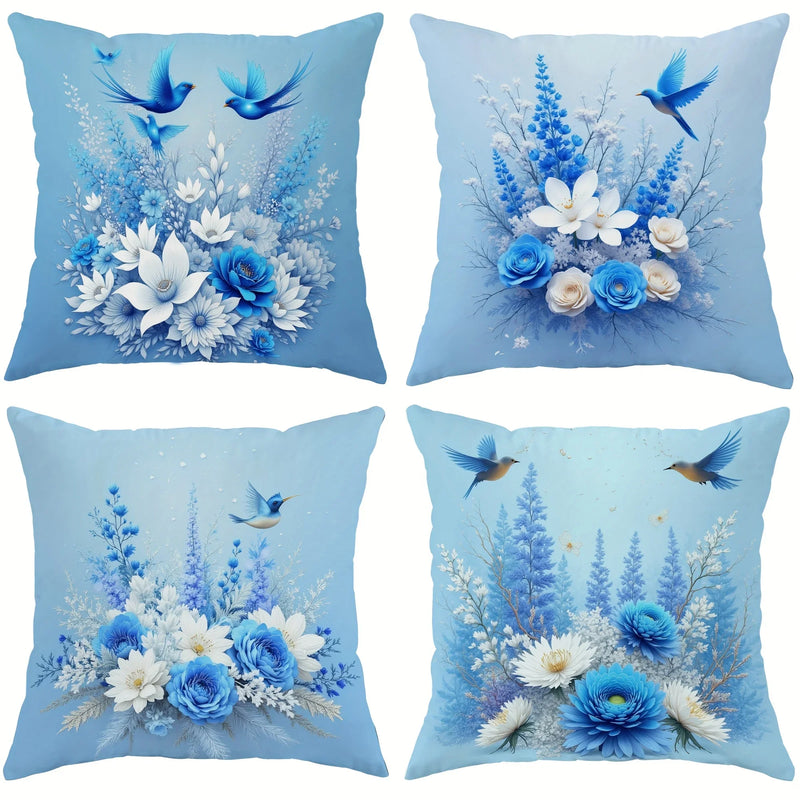 Blue Floral Bird Pillow Covers - Sky Blue Cushion Cases by Axyaa