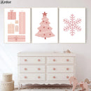Boho Pink Christmas Tree Snowflake Wall Art Print Set by Axyaa