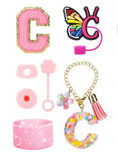 Axyaa Cup Set: Initials Silicone Straw Cap Boot Handle Sticker Charm