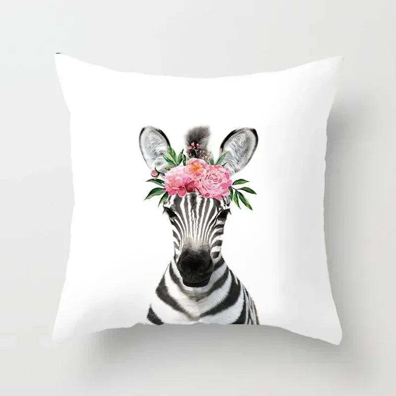 Cute Animals Print Decor Pillowcase by Axyaa - Pink Flower Theme
