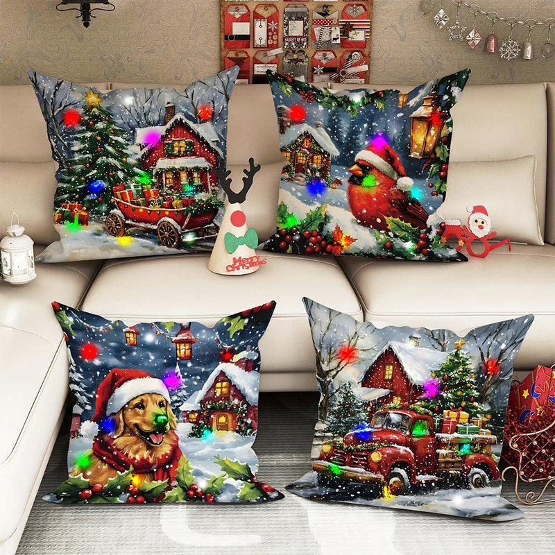 Axyaa LED Light Luminous Pillowcase with Festive Truck Christmas Tree Design