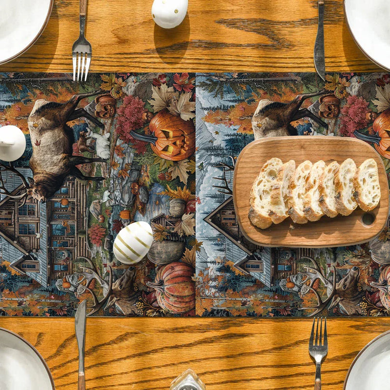 Axyaa Autumn Elk Pumpkin Table Runner for Kitchen Dining Decor