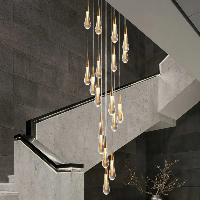 Axyaa Water Drop LED Chandelier for Revolving Stair Lighting in Luxury Villa