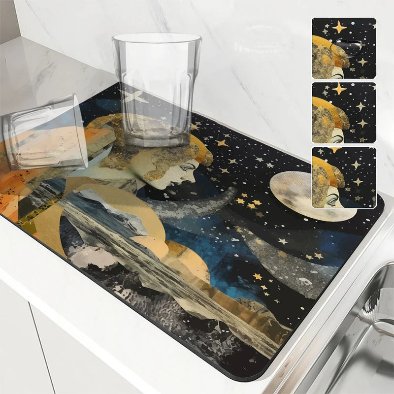Axyaa Geometric Abstract Draining Mat: Absorbent, Anti-slip, Quick Dry Kitchen & Bathroom Pad