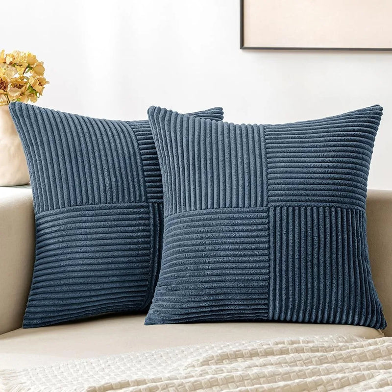 Axyaa Blue Corduroy Striped Throw Pillow Covers for Living Room, Bed and Sofa