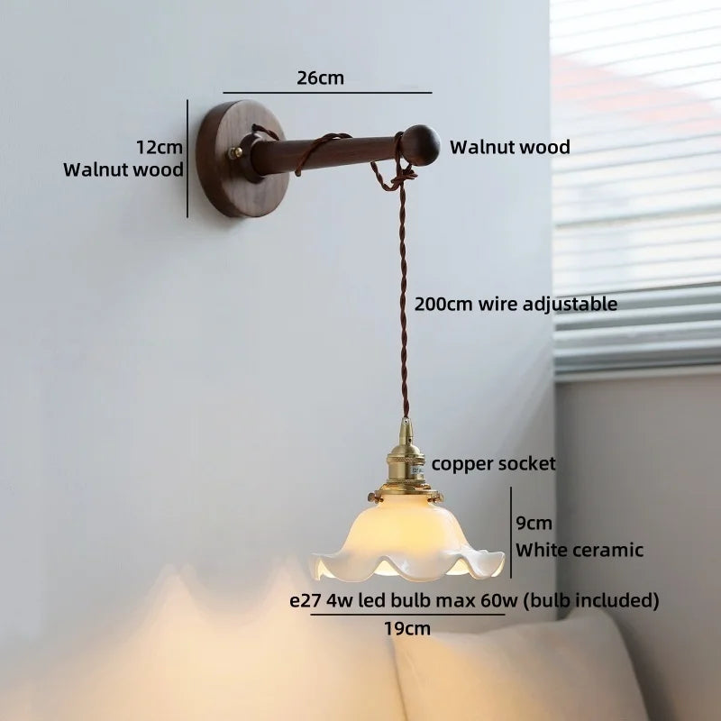 Axyaa Round Ceramic E27 Wall Lamp with Pull Chain Switch and Warm LED Light