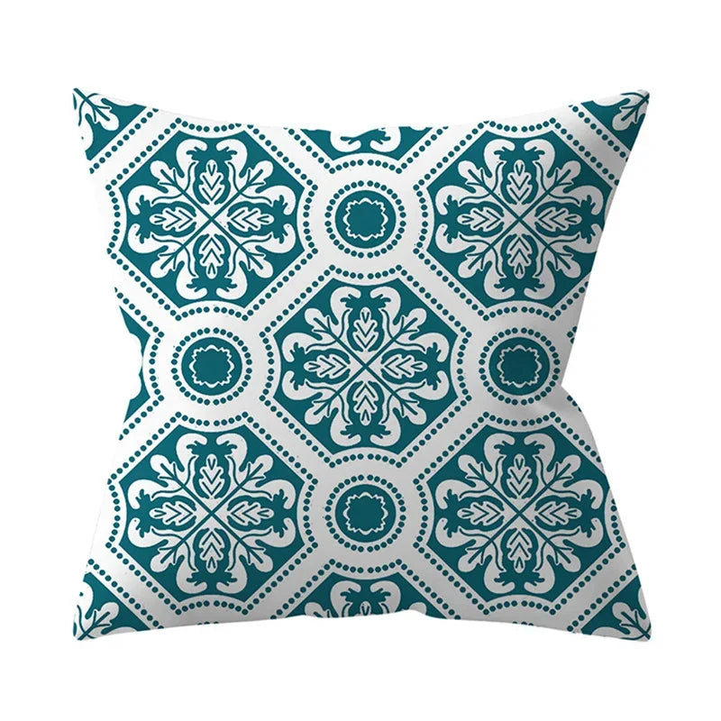 Teal Blue Green Floral Stripe Geometric Pillowcase by Axyaa for Home Decor