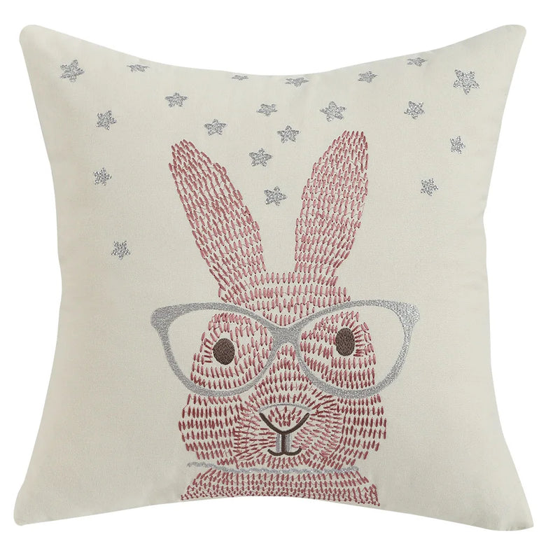Axyaa Pink Floral White Floral Bunny Embroidered Cushion Cover