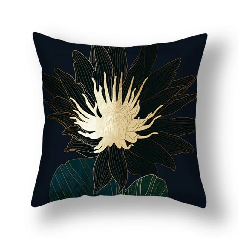 Axyaa Gold Leaf Flower Cushion Cover - Decorative Square Pillow for Home and Car