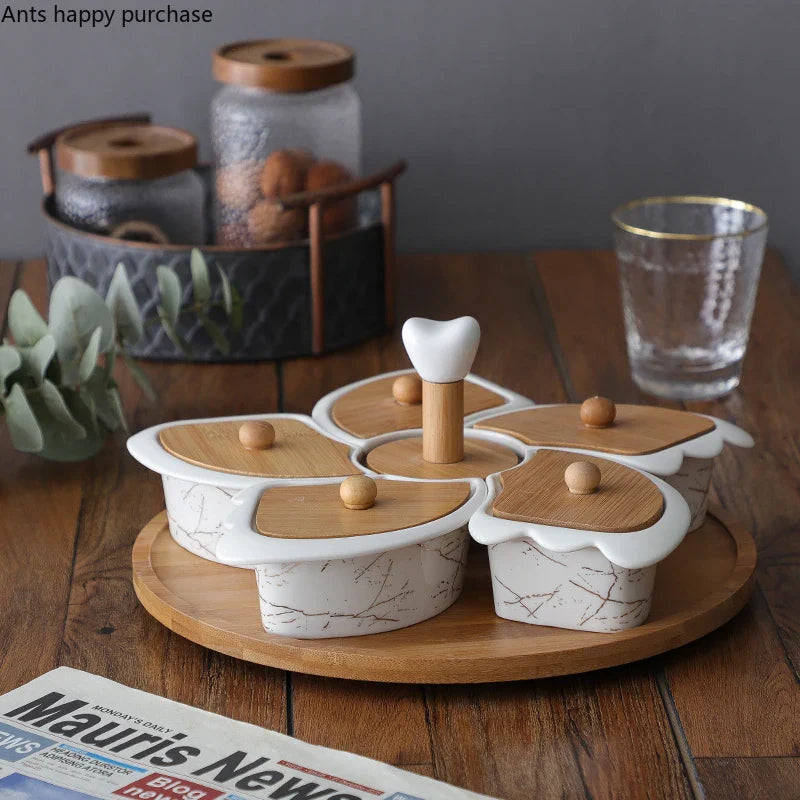 Axya Rotating 5-Grid Ceramic Snack Platter with Wooden Lid - Decorative Tableware