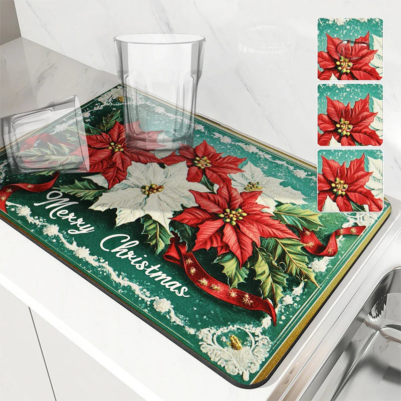 Axyaa Poinsettia Absorbent Draining Mat for Kitchen & Bathroom