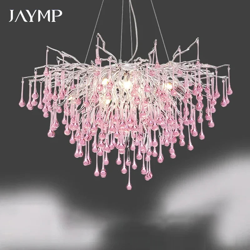 Axyaa Pink Crystal Chandelier Raindrop Pendant Light for Modern Home Decor