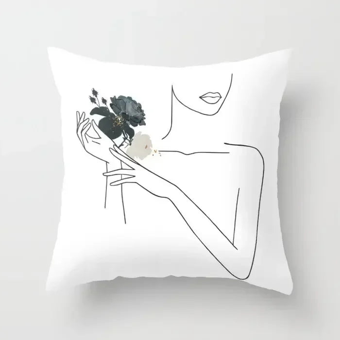 Minimalist White Pillow Cover - Axyaa Portrait Sketch Nordic Cushion