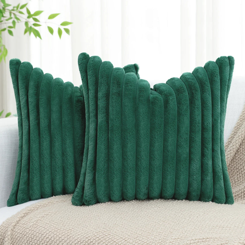 Axyaa 16x16 Faux Fur Striped Pillow Covers 2pcs - Soft Plush Velvet Back