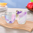 Axyaa Feather Glass Cups Set of 2 with Handles, Double Wall Design