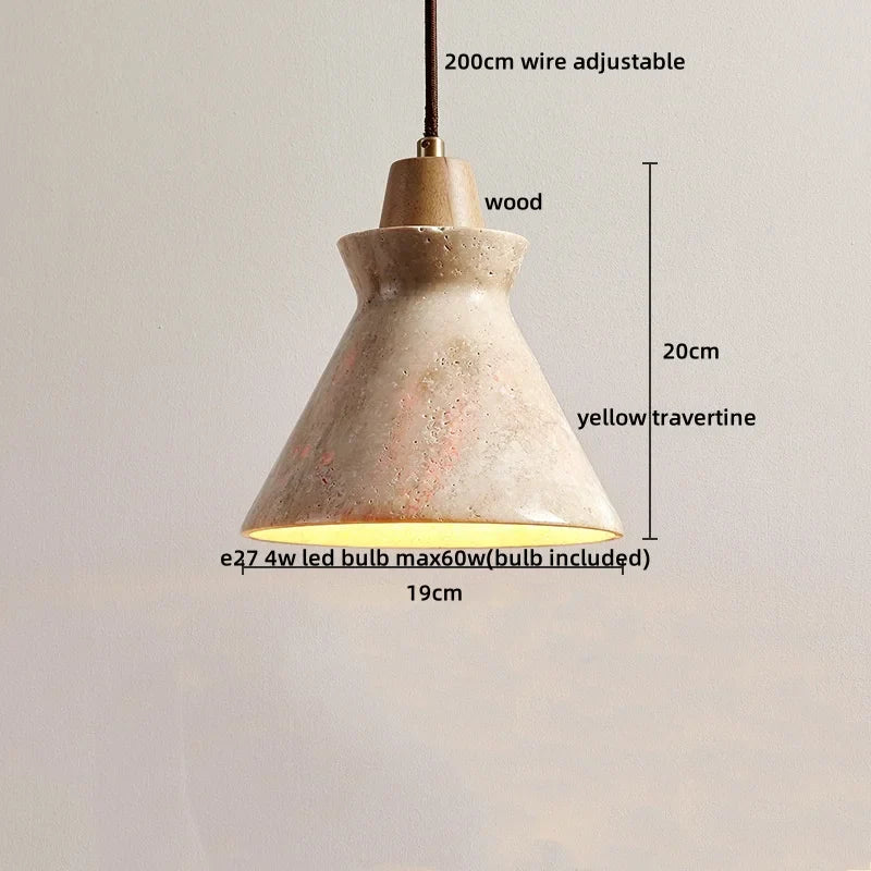 Axyaa Yellow Travertine Wood Pendant Light, LED Hanging Lamp for Dinging Living Room