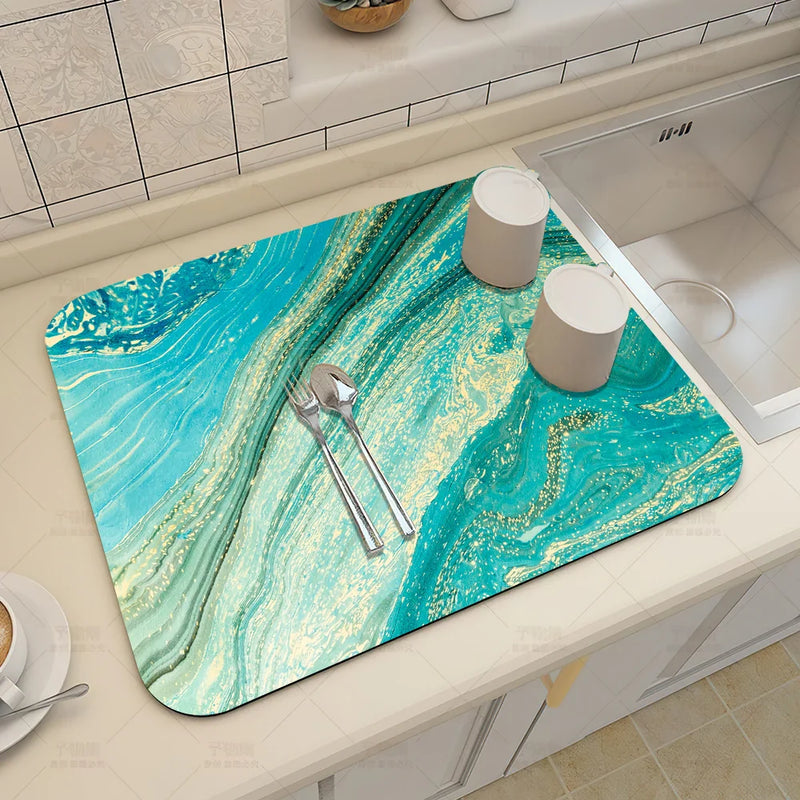 Axyaa Blue-Green Oil Painting Abstract Kitchen Placemat - Non-Slip & Super Absorbent