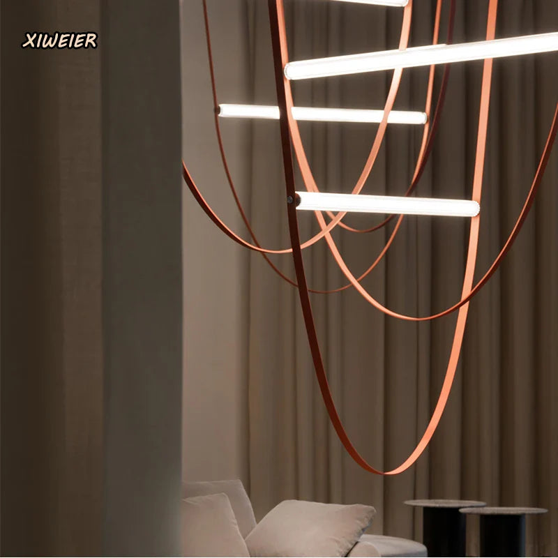 Axyaa Leather Belt Chandelier: Modern Glass Tube Designer Lighting for Living Room