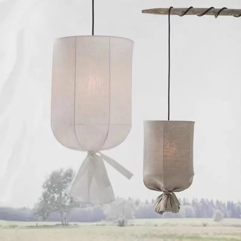 Axyaa White Linen Pendant Lamp: Nordic Design Bamboo LED Lighting for Indoor Spaces