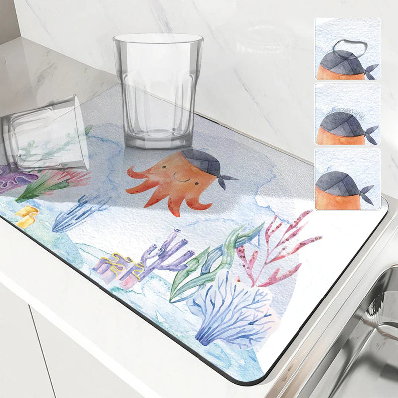 Axyaa Absorbent Kitchen & Bathroom Draining Mat - Quick Dry, Anti-Slip Octopus & Shark Dish Mats