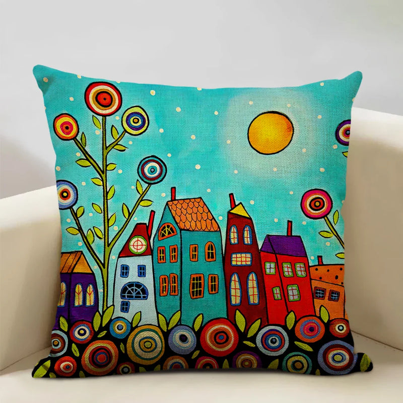 Axyaa Scenic Illustration Cushion Cover 45x45cm for Home Art Decoration