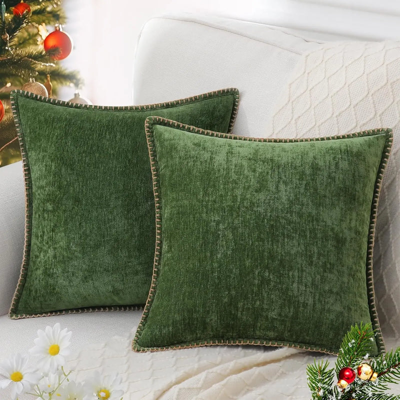 Luxury Blue Chenille Cushion Covers with Stitched Edge for Sofa Decor - Axyaa