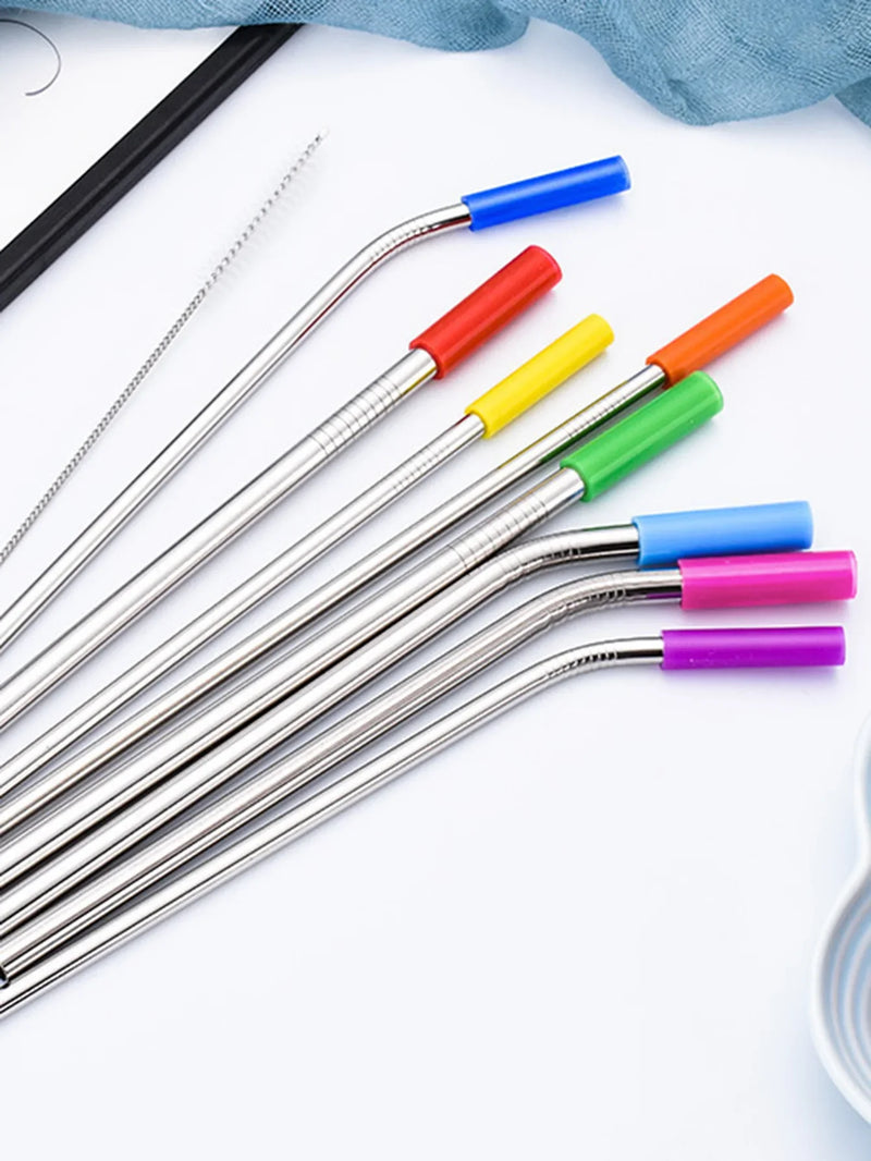 Axyaa Stainless Steel Reusable Straw Set with Cleaning Brush and Cover