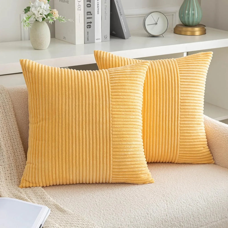 Axyaa Yellow Stripe Corduroy Pillowcase - Patchwork Design - 45x45CM