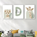 Custom Name Nordic Cute Animal Art Print Canvas Painting Lion Giraffe Poster by Axyaa